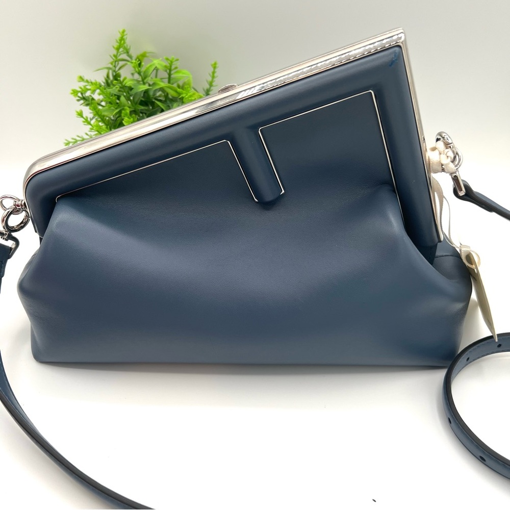 Fendi Navy Blue Leather Shoulder Bag with Silver Frame